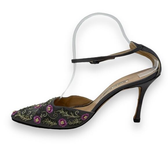 Manolo Blahnik Carolyne Vintage Gray Embroider Floral Slingback Kitten Heel 40.5 - Picture 6 of 13